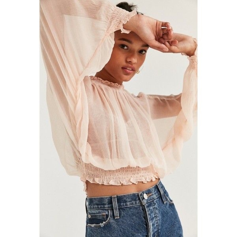 Kimchi Blue Urban Outfitters Sheer Smocked Mock Neck Top Pink Blush Fairy Small